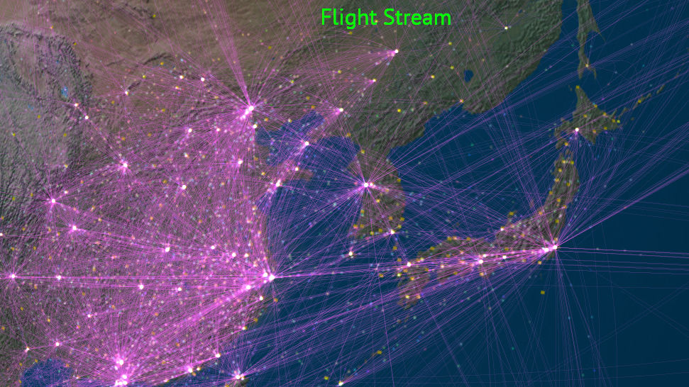 世界中の空港を結ぶ飛行機の路線とフライトを可視化する「Flight Stream」
