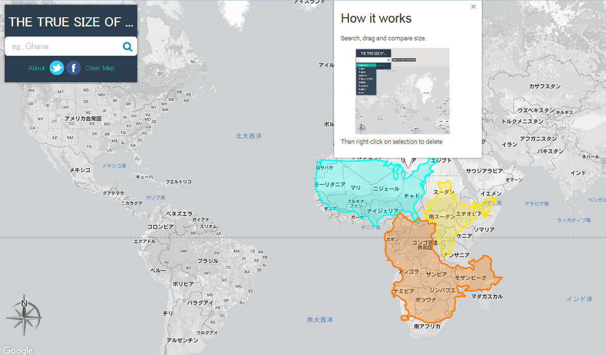 The True Size Of '' shows the true size of the country that is