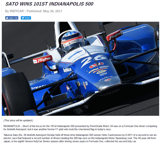 Takuma Sato Won The First Driver As A Japanese Driver In One Of The Three Biggest Races In The World Indy 500 Gigazine