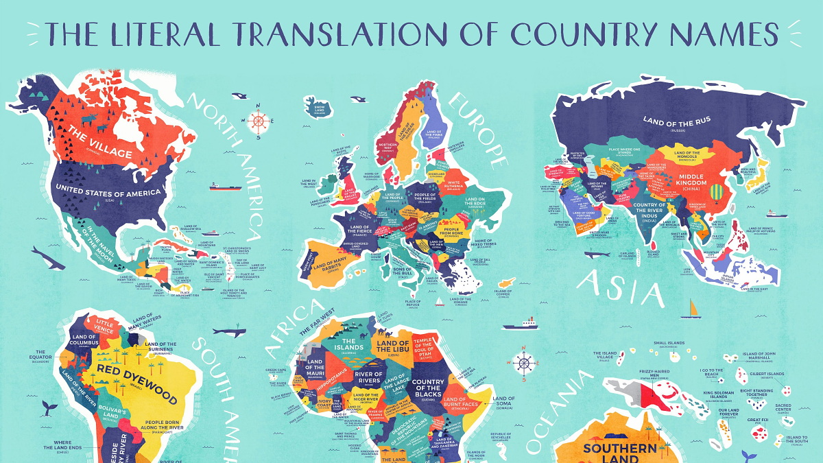 日本は 日出ずる処 など世界のさまざまな国名の由来が一目でわかる世界地図 Gigazine