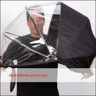 両手がフリーになり強風でも平気な画期的デザインの傘「Nubrella