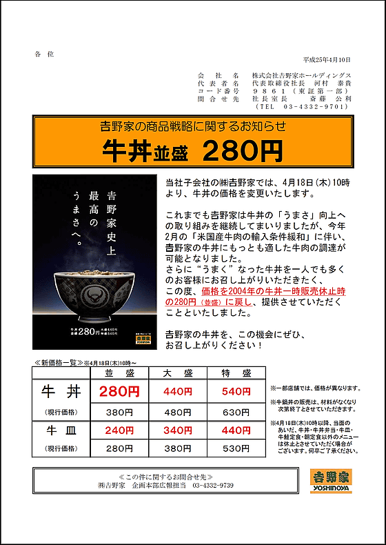 吉野家が牛丼並盛を100円値下げして280円に、期間限定ではなく新価格