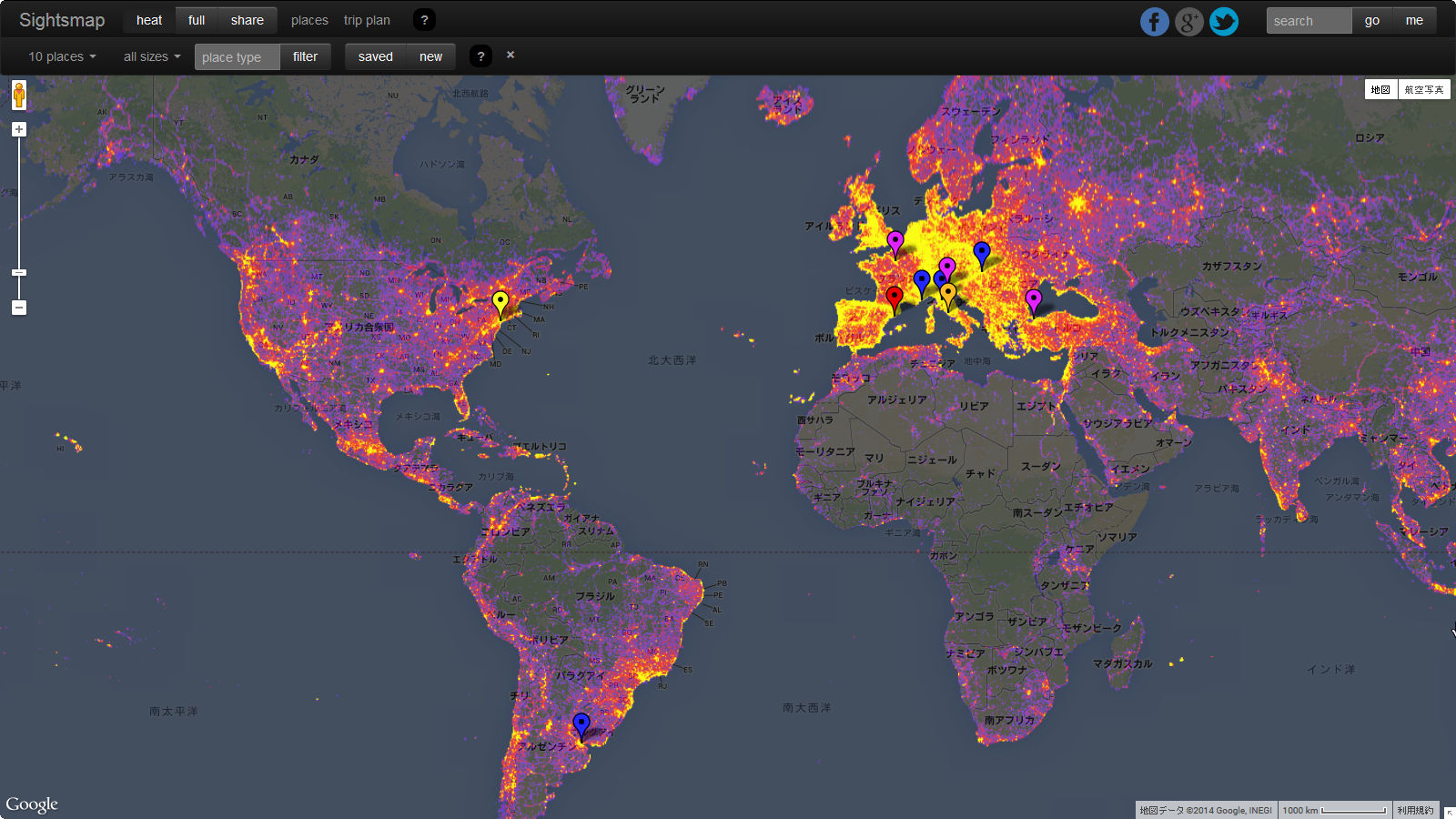 世界中で撮影されまくっている観光地をヒートマップで示した Sightsmap Gigazine