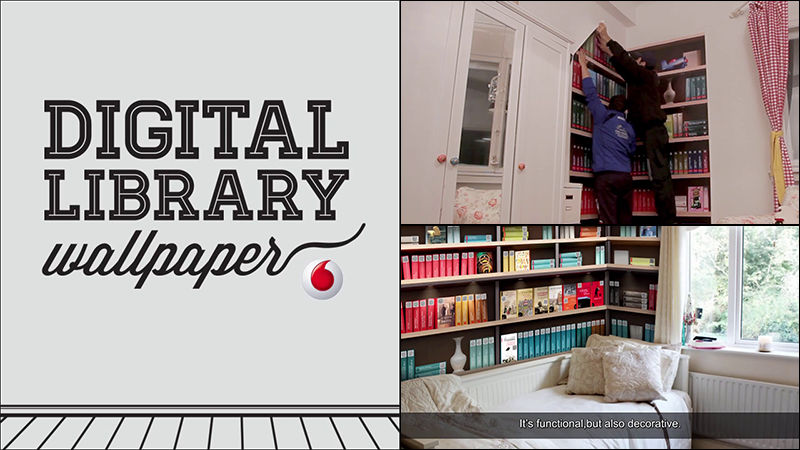 本棚をペラペラの平面にして中身はスマホなどで読めるようにする壁紙 Biblioteca Digitală Tapet Gigazine