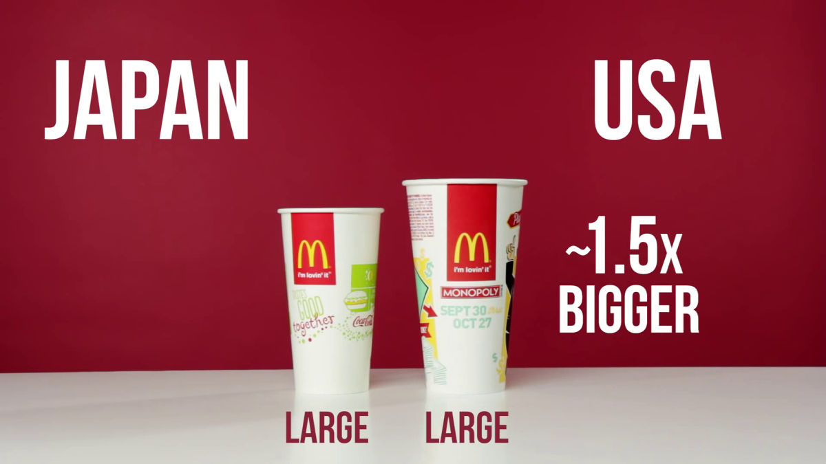 Us and Japan McDonald's cup size comparison 