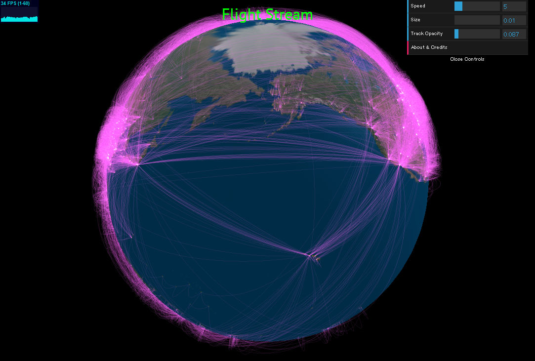 世界中の空港を結ぶ飛行機の路線とフライトを可視化する Flight Stream Gigazine