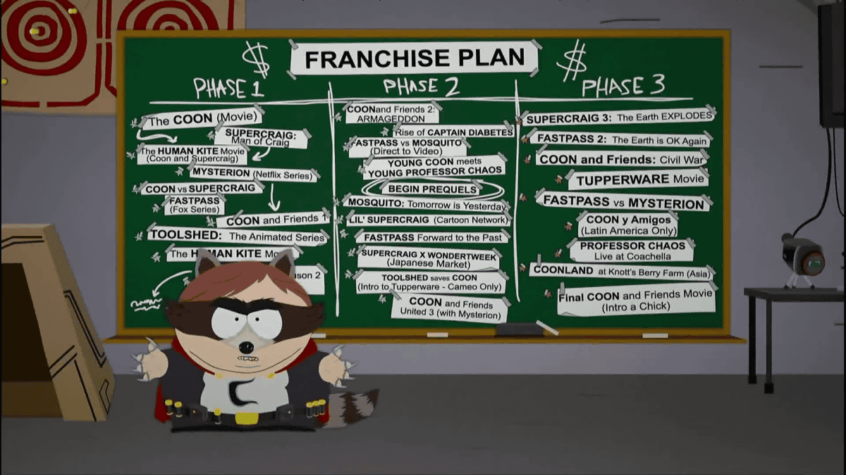 ヒーロー映画のフランチャイズでマーベルみたいに儲けてやるぜ という陰謀をサウスパークで描く South Park Fractured But Whole Gigazine