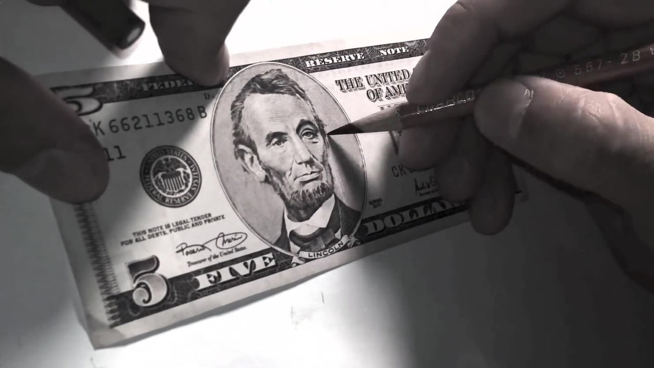 5ドル札のリンカーンを鉛筆で上書きしてコメディアンに変身させる Gigazine
