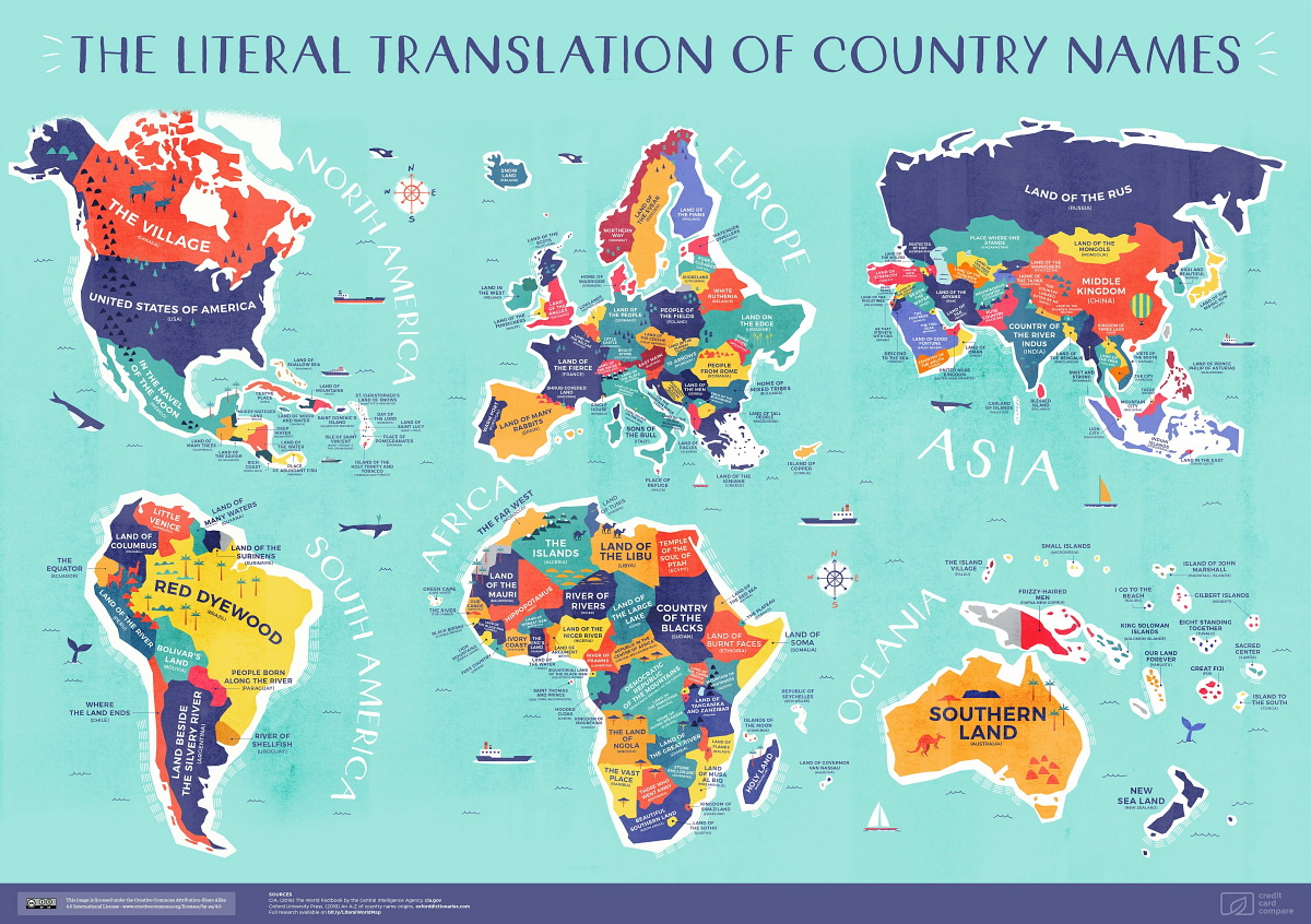 日本は 日出ずる処 など世界のさまざまな国名の由来が一目でわかる世界地図 Gigazine