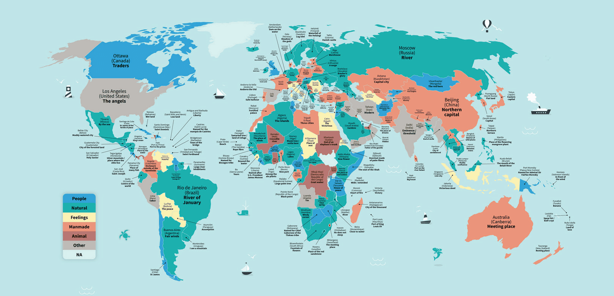 世界の都市名の由来が何なのかわかる地図が公開中 Gigazine