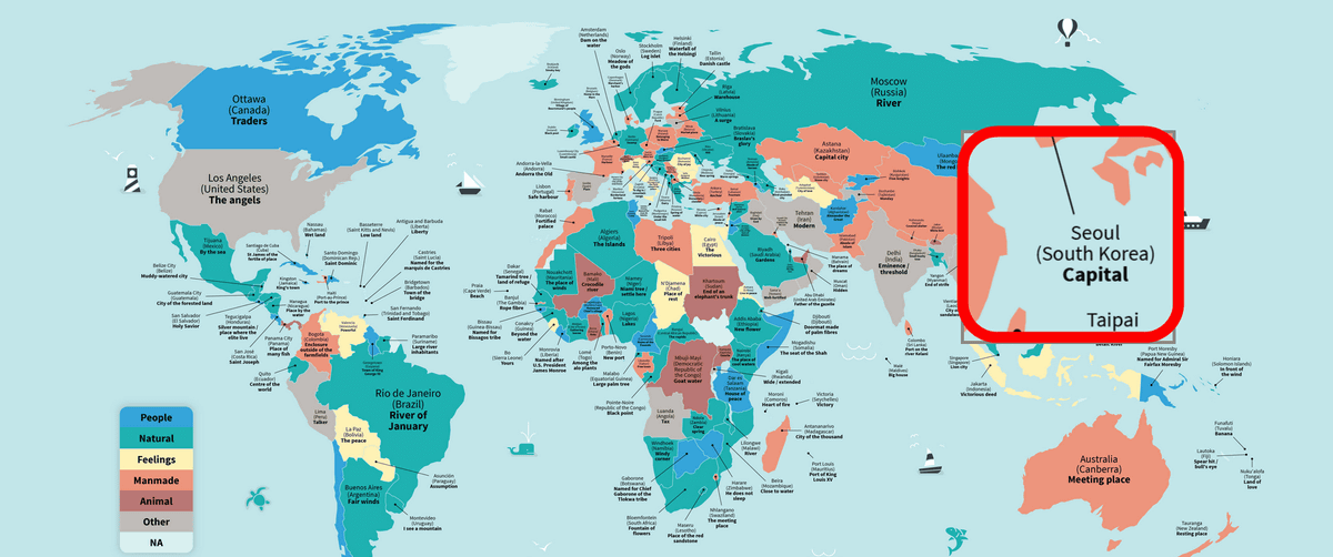 世界の都市名の由来が何なのかわかる地図が公開中 Gigazine