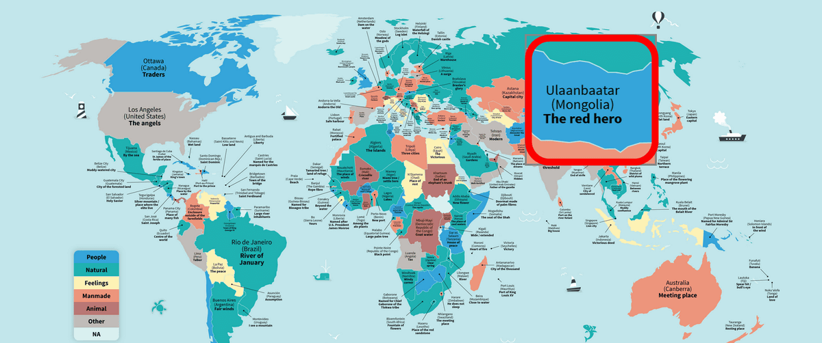 世界の都市名の由来が何なのかわかる地図が公開中 Gigazine