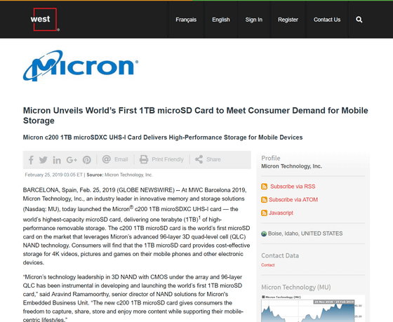 世界初の容量1TBのmicroSDカードをサンディスクとMicronが同時発表