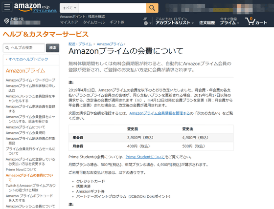 アマゾン プライム 会費 変更