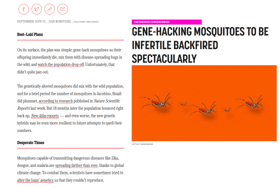 遺伝子組み換えされた蚊を野生に放ち撲滅する実験が失敗、予想外の結果に