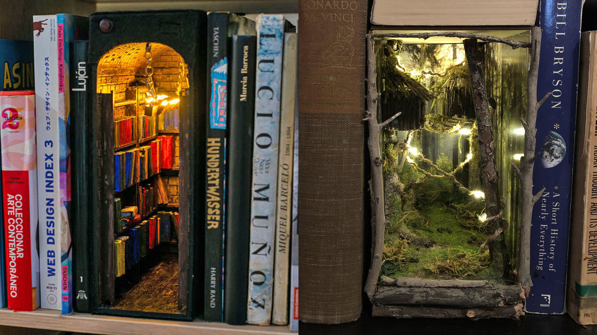 本棚の隙間に小さな世界が広がるジオラマ付き本立て「Booknook」が世界