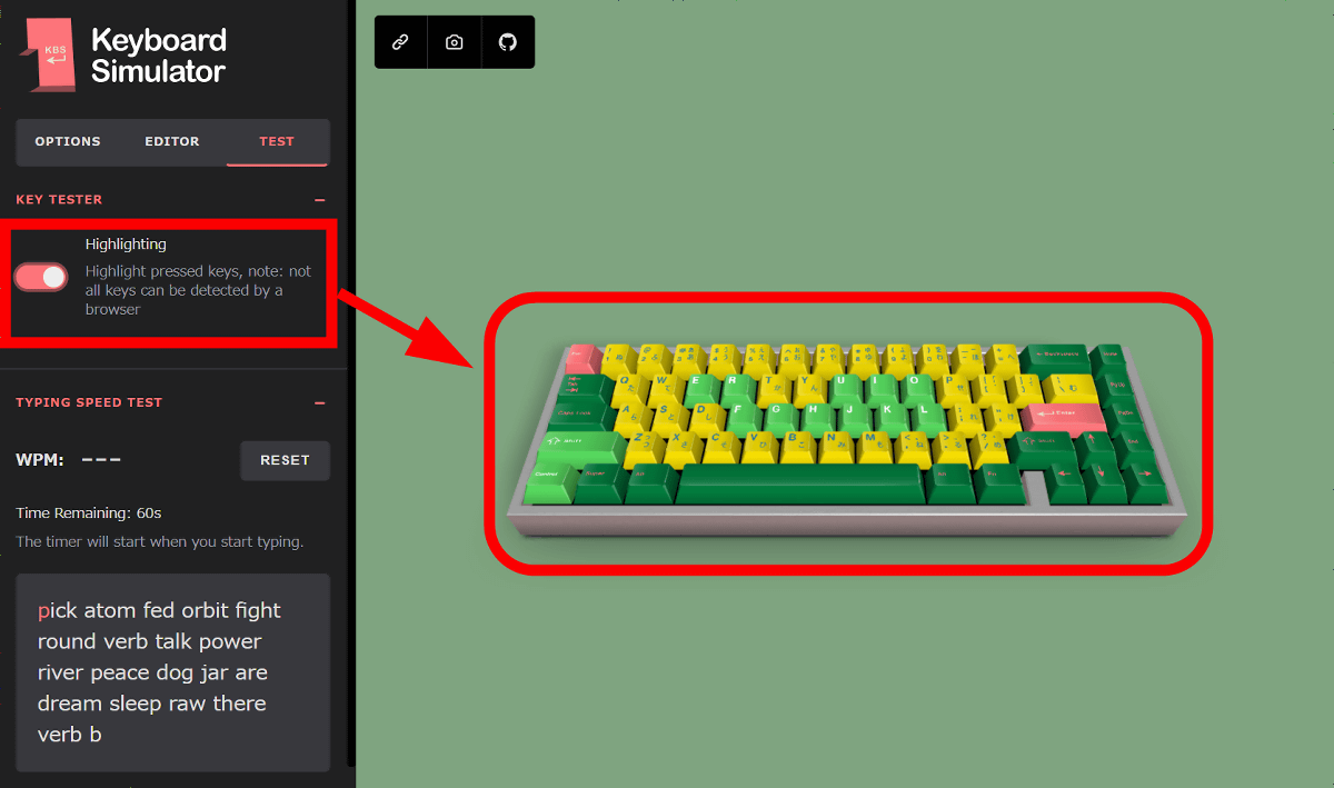 GitHub - 99dino/keyboard-simulator: Mechanical Keyboard Simulator Use of  Flexbox, added Eventlistener on key hit and mouse click One Minute of  typing test with difficulty level and time limit and results includes of