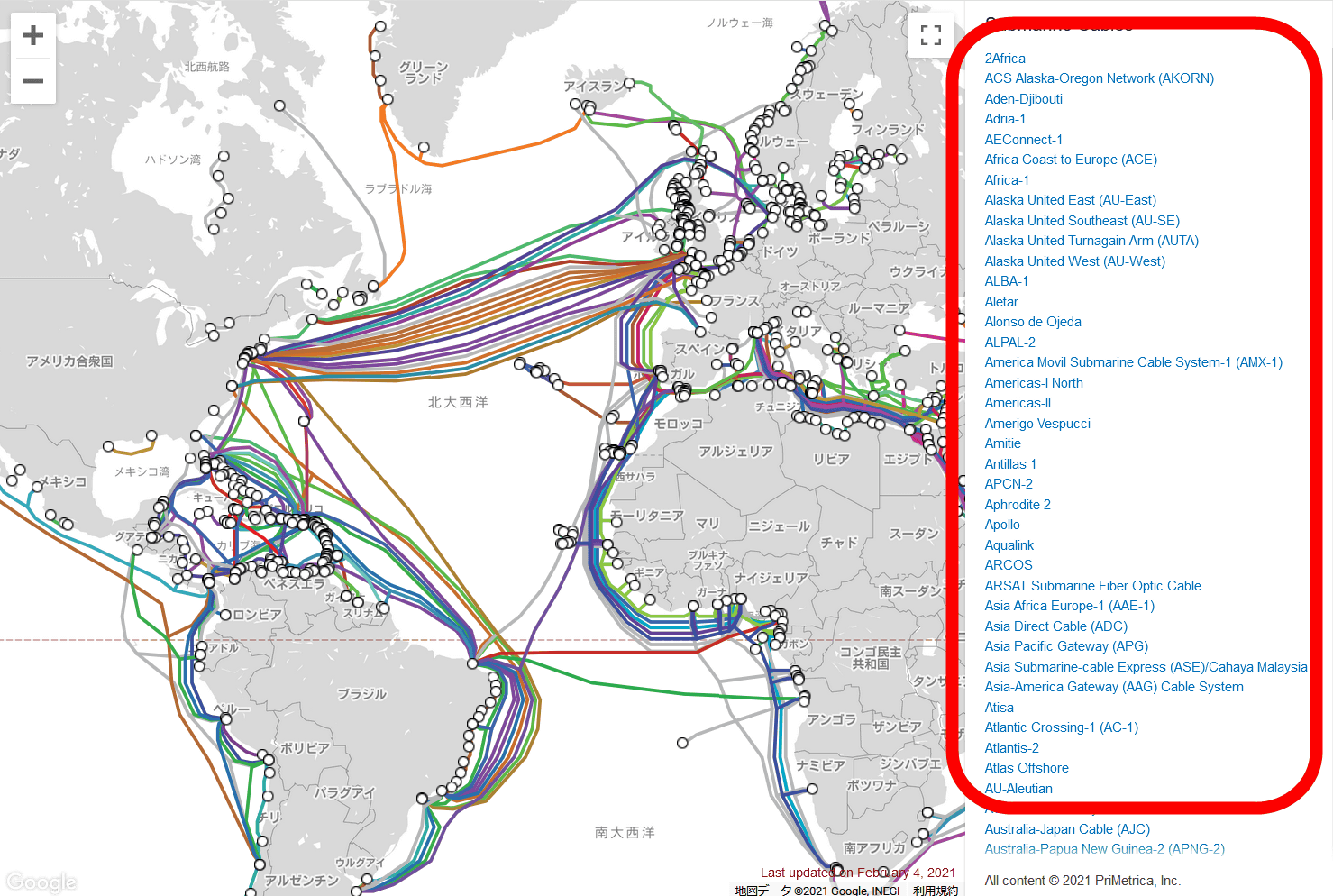 世界の海底ケーブルの敷設位置が一目でわかる世界地図「Submarine 