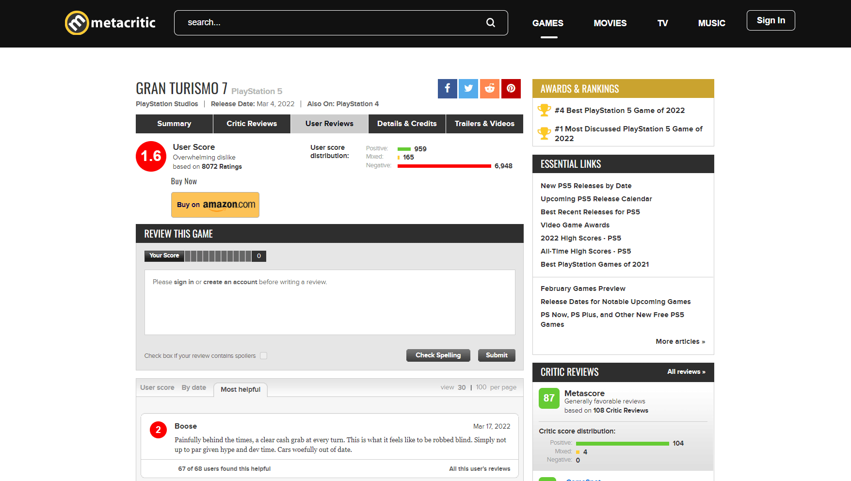 Gran Turismo 7 Becomes Sony's Lowest User Rated Game On Metacritic, Players  Unhappy With Microtransactions And Reduced Credit Payouts - Bounding Into  Comics