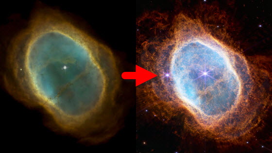 ジェイムズ・ウェッブ宇宙望遠鏡とハッブル宇宙望遠鏡で撮影した写真を比較するとこんな感じ