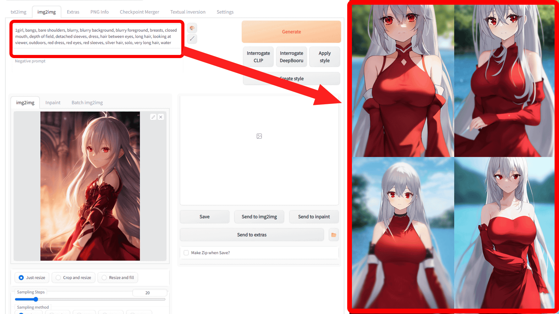 How to use ``Deep Danbooru'' in ``AUTOMATIC 1111 version Stable Diffusion  web UI'' to find the Danbooru tag for the image generation AI prompt in the  opposite direction from the illustration image