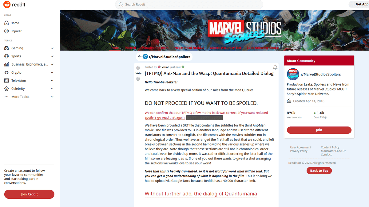 Marvel is Hunting the Reddit User Who Leaked Ant-Man 3 Dialogues After  Disappointing $447 Million Box Office Collection - FandomWire