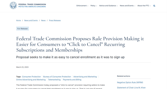 The FTC aims to make ``Click to Cancel'' obligatory to cancel the  subscription with a single click as ``Cancellation should be as easy as  applying'', penalties for companies that complicate cancellation -