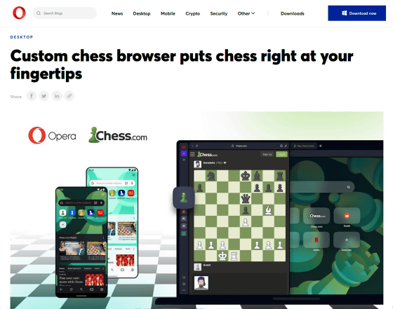 Opera recebe nova integração com plataforma Chess.com