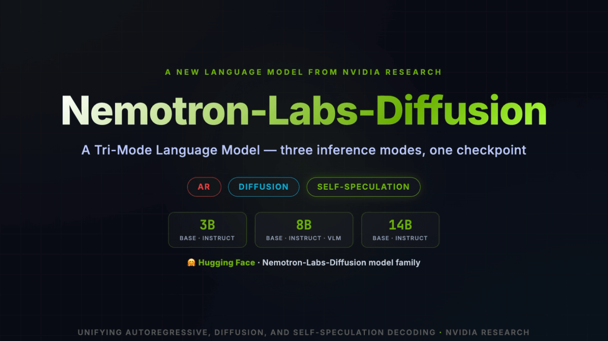 NVIDIAが拡散言語モデル「Nemotron-Labs-Diffusion」を公開、拡散モードと自己回帰モードを切り替え可能で画像を処理できるVLMもあり