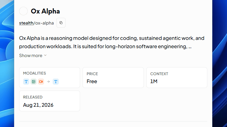 謎のAI「Ox Alpha」が出現し無料テスト中、コンテキストウィンドウは100万トークンで1日数兆トークンを処理できる匿名ラボがAPIを提供