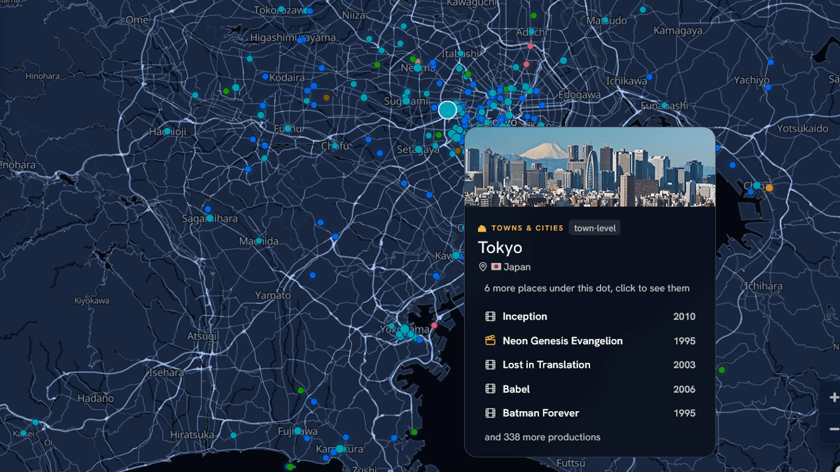 1万3000本以上の映画・ゲーム・アニメ・漫画の「聖地」を地図上に表示する「Movie Scene Map」
